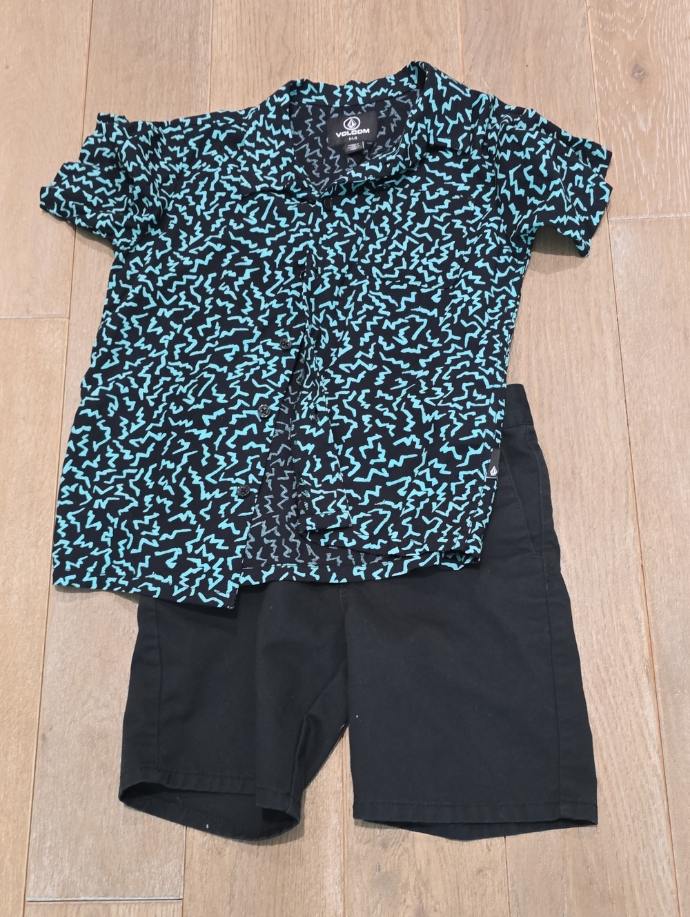 Volcom Black Short Sleeve Button-Down with Teal Abstract Print and Black Shorts